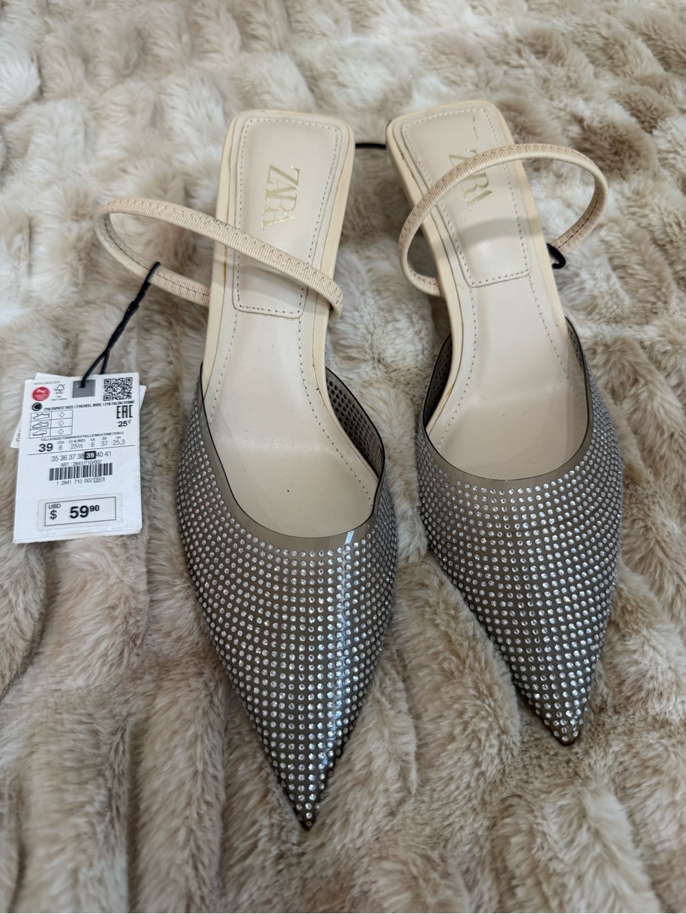 ZARA Crystal-Studded Pointed-Toe Slingback Heels in Silver
